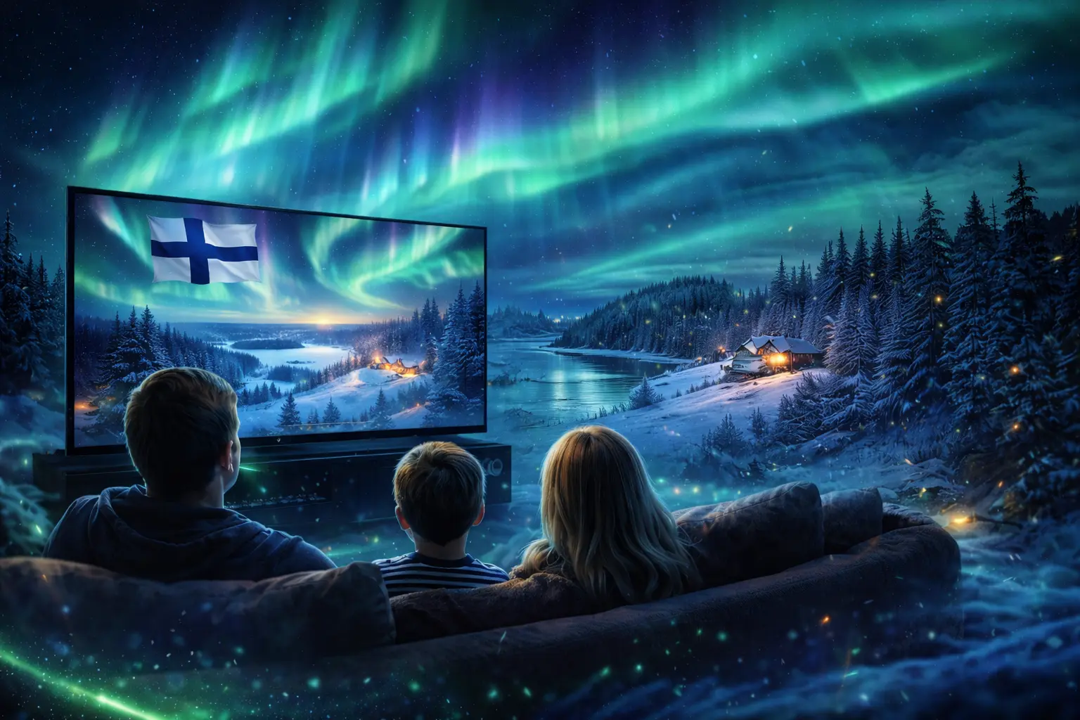 iptv suomi – perhe katsoo televisiota 4K-laadulla revontulien alla